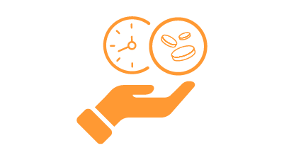 Oranje icoon van een hand met daarin een klok en drie munten